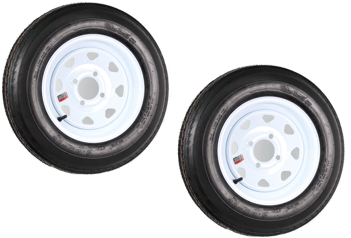 Two Trailer Tires On Rims 5.30-12 4 Lug White Spoke Q129591