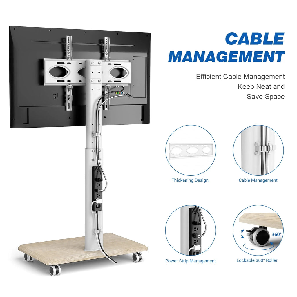 Modern Rolling TV Stand up to 65 inch White Wooden Base K812