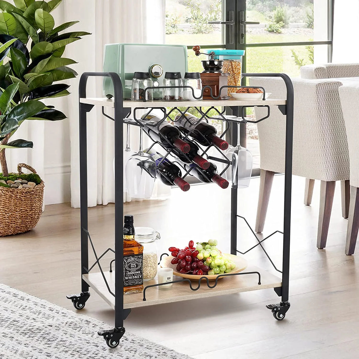 2-Tier Mobile Bar Cart with Wine Racks and Glass Holders D200322