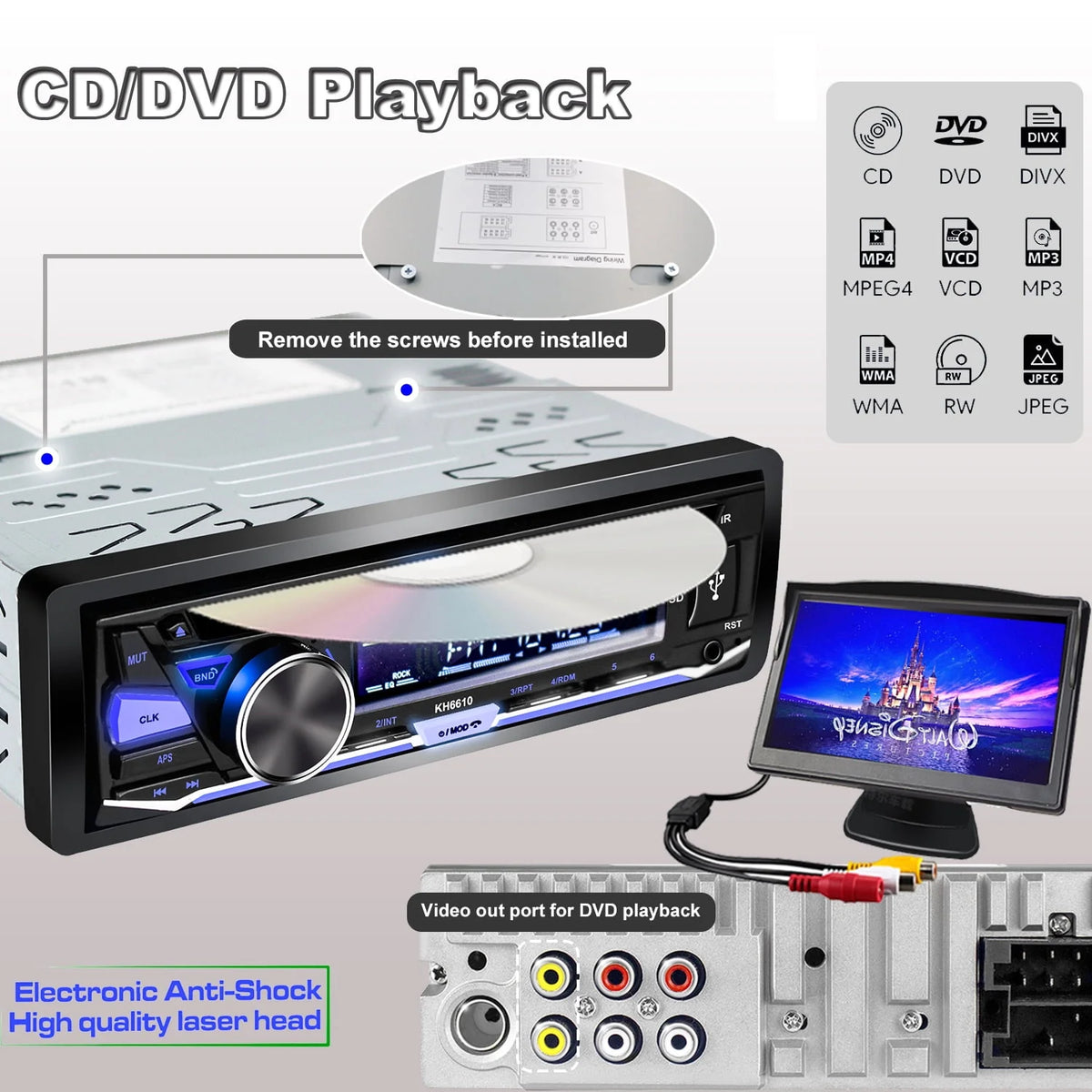 Single DIN Car Stereo with CD/DVD Player Bluetooth AM/FM Radio W3815