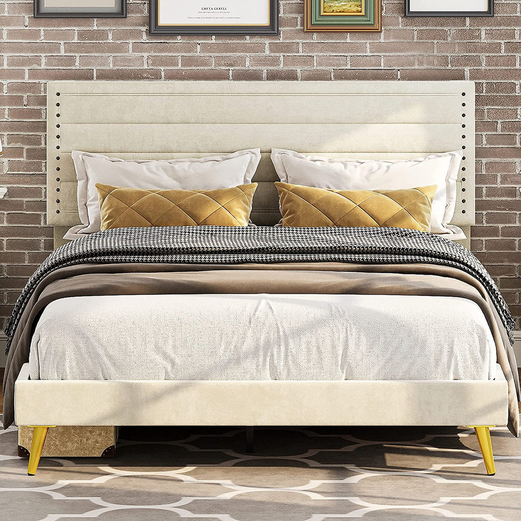 Beige Upholstered Wood Twin Bed Frame J8329