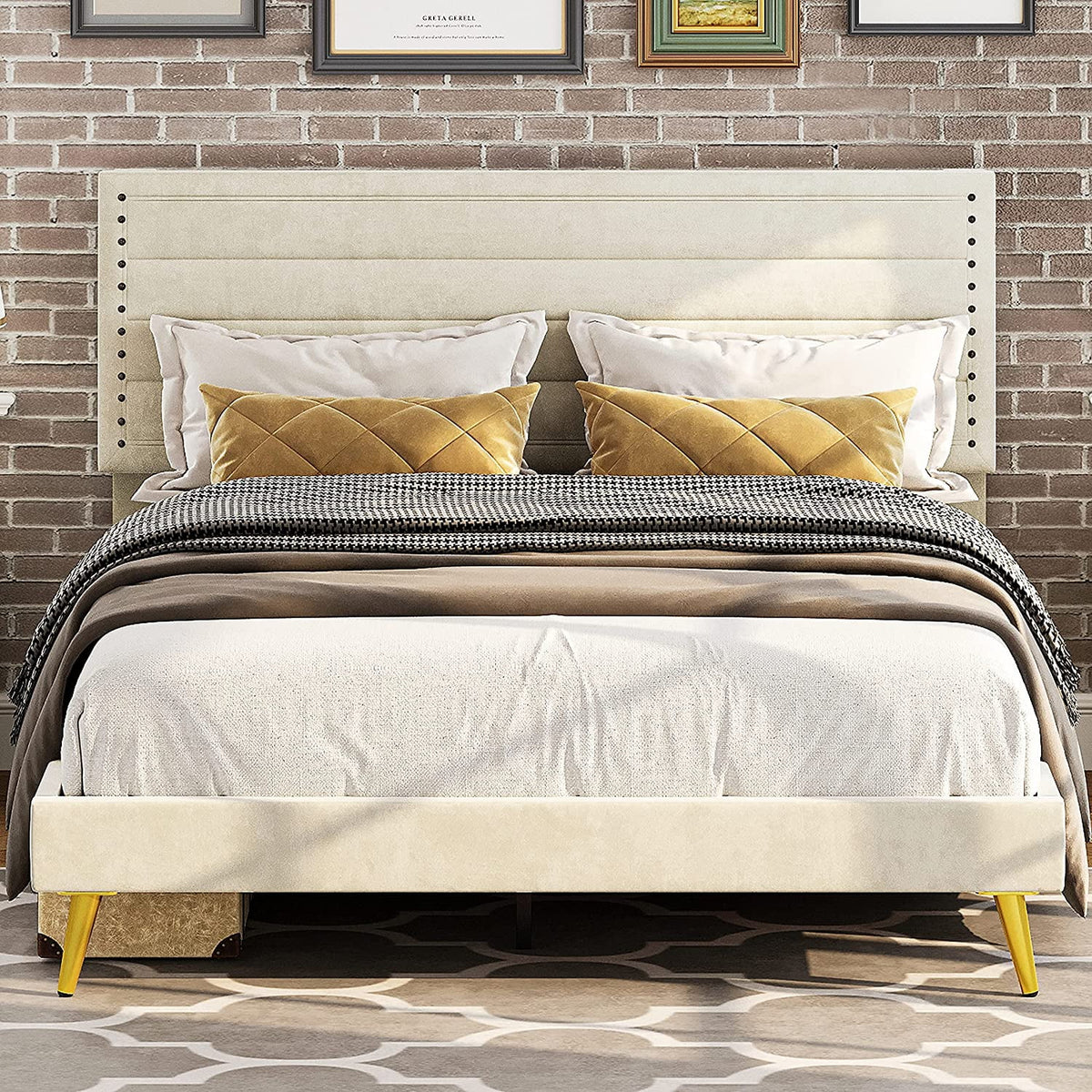 Beige Upholstered Wood Twin Bed Frame J8329