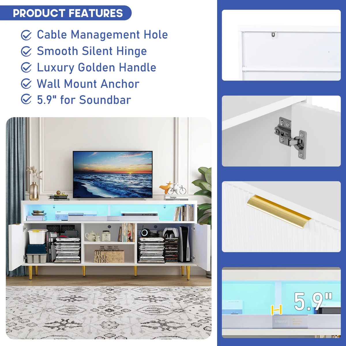 White Wood TV Stand for 55 60 65 inch TV B37891
