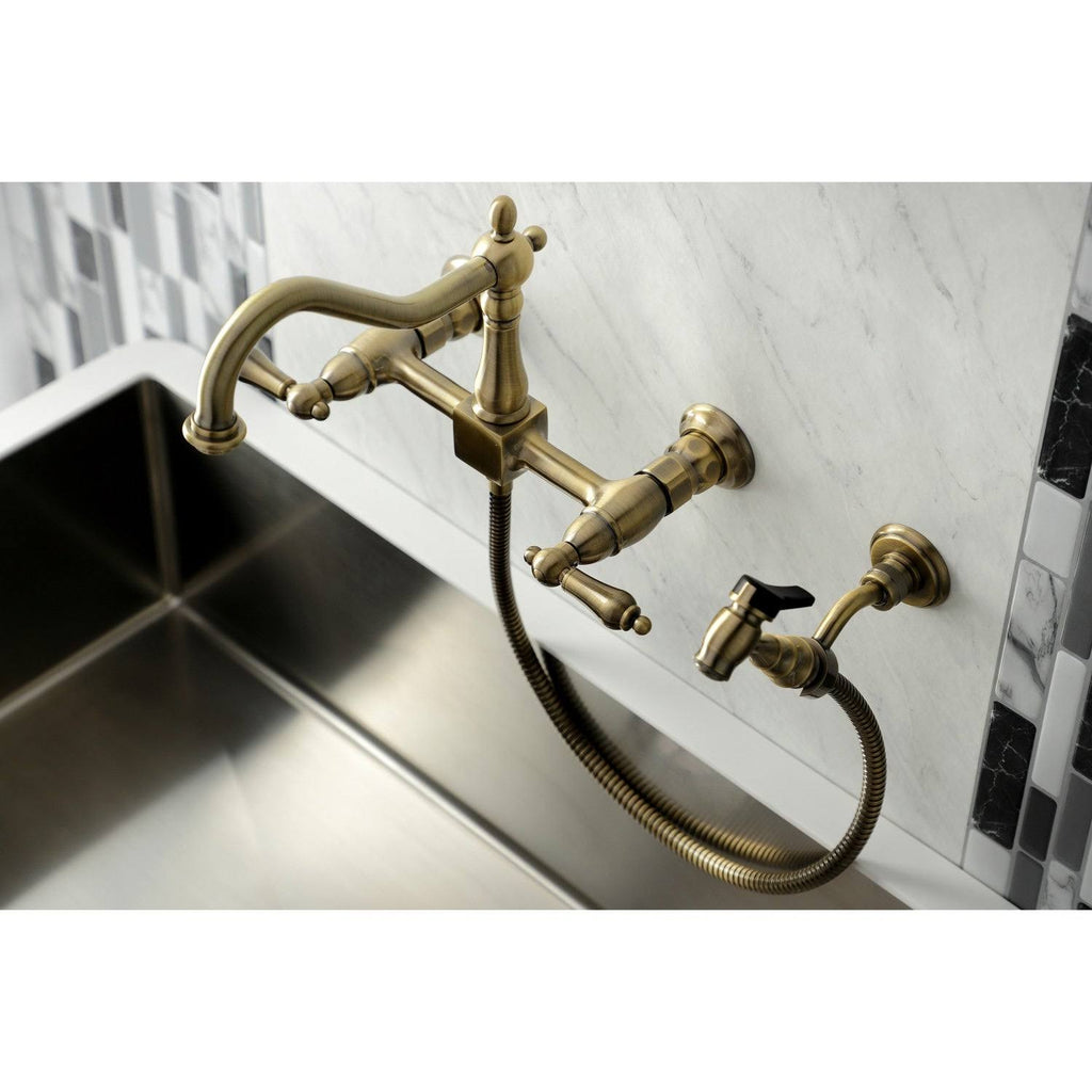 Polished Chrome Two-Handle Wall Mount Kitchen Faucet with Sprayer B197