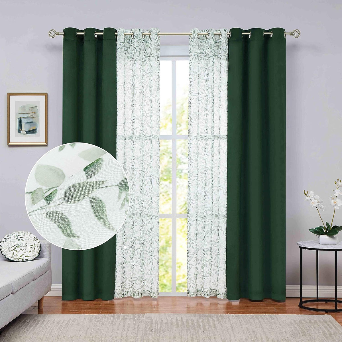 Grey Velvet Floral Sheer Curtains 63 inch 4 Pieces Set N1479