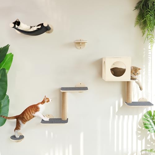 5-Piece Wooden Cat Wall Shelves with Hammock U3580