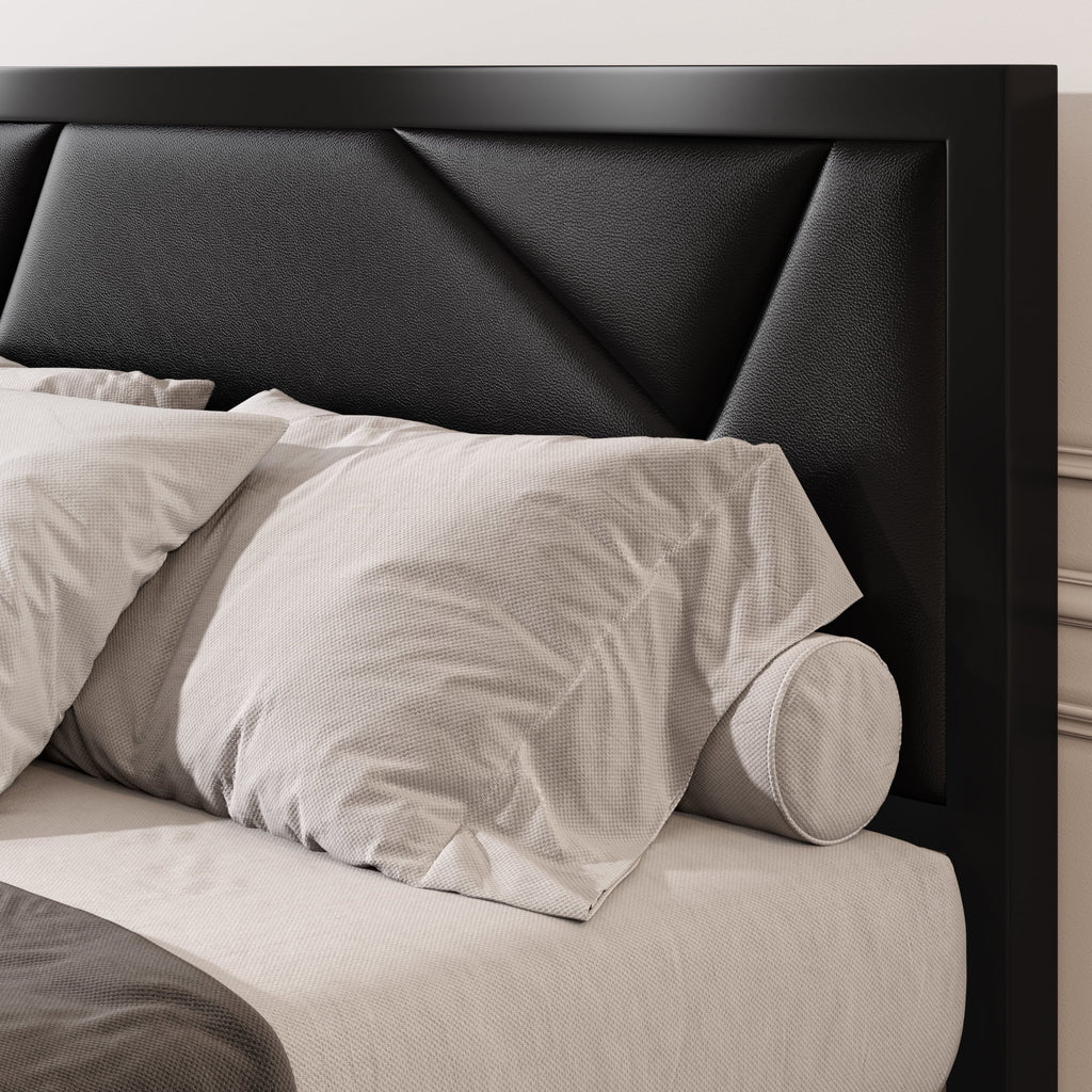Black Queen Size Metal Platform Bed Frame with Leather Headboard C4366
