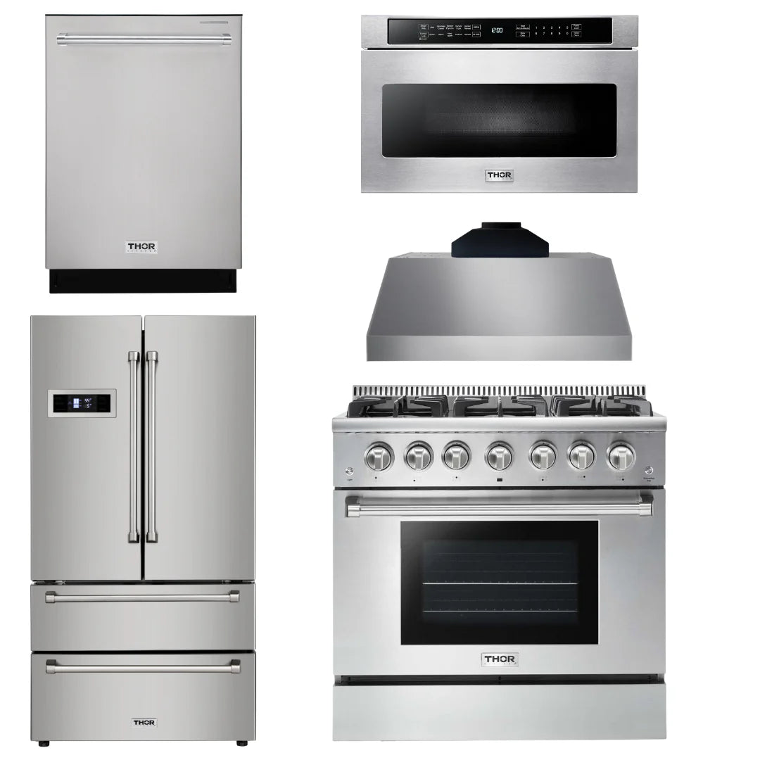 36 Propane Gas Range, Range Hood, Microwave, Refrigerator, Dishwasher U8188