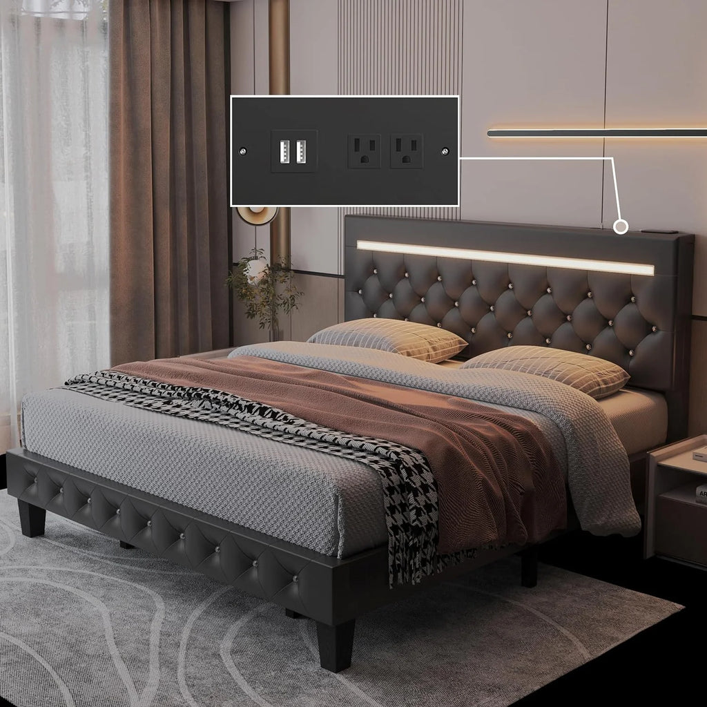 Queen Size Upholstered Platform Bed Frame with Headboard G84798