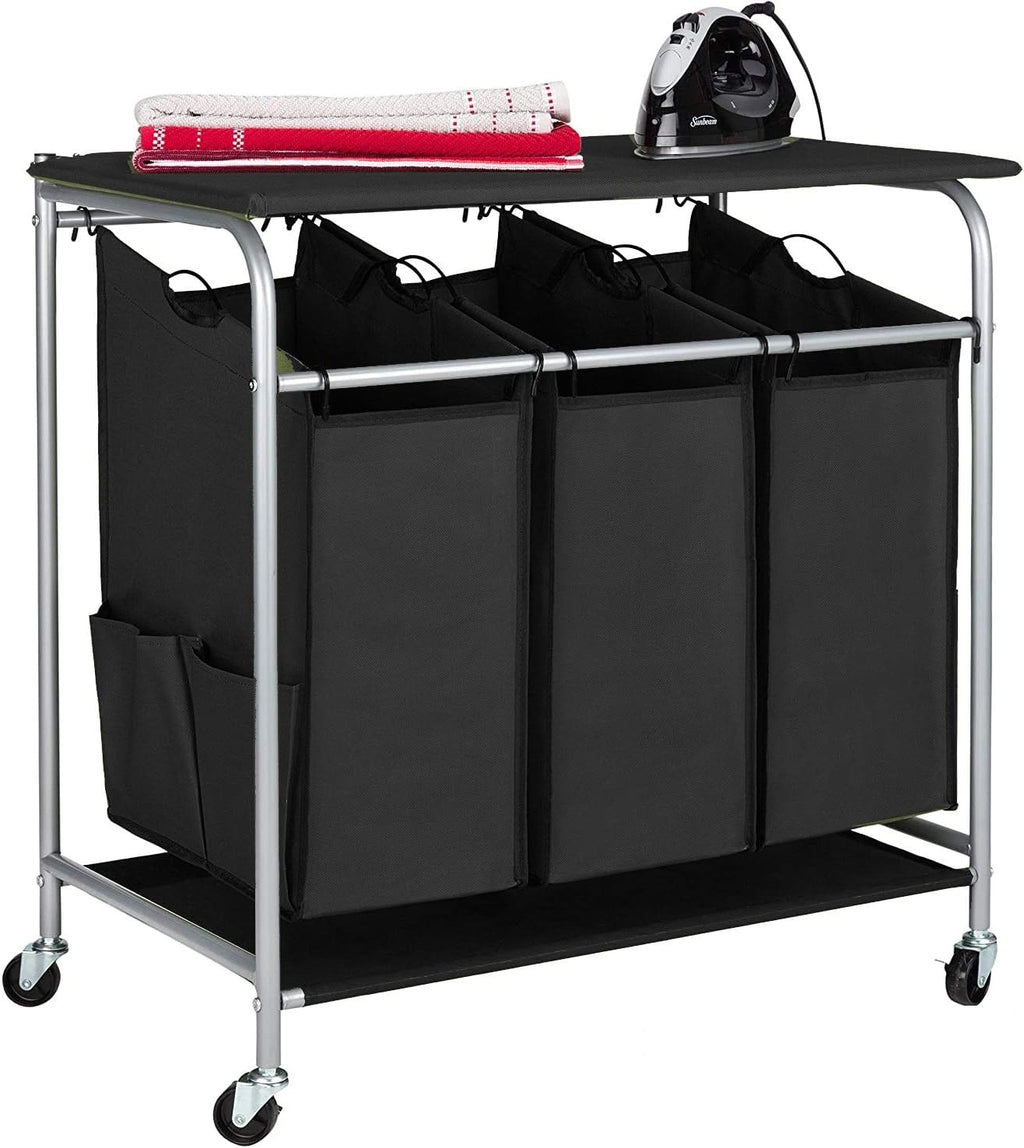 Rolling Laundry Hamper Cart with Ironing Board Top, 3 Section Sorter L536
