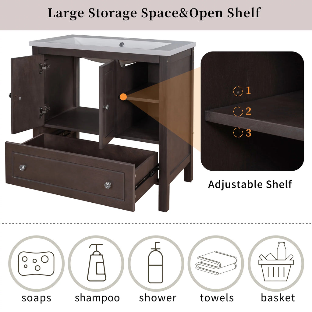 30" Brown Solid Wood Bathroom Vanity Base Only N2253