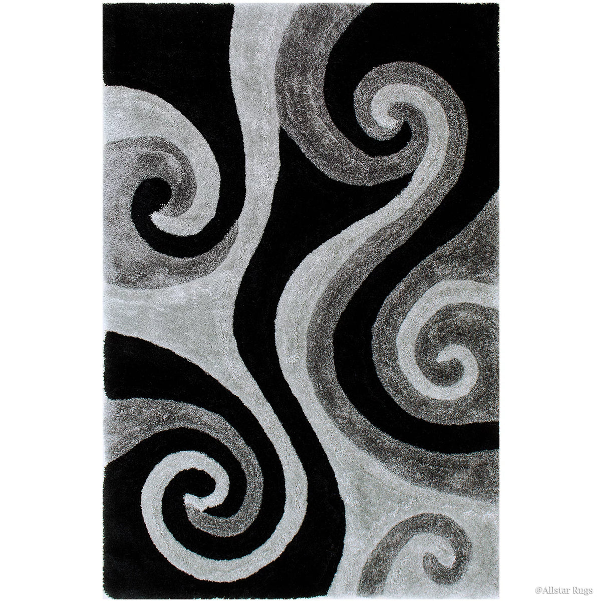 Grey Shaggy Area Rug with 3D Black Spiral Design 5' x 7' W45948