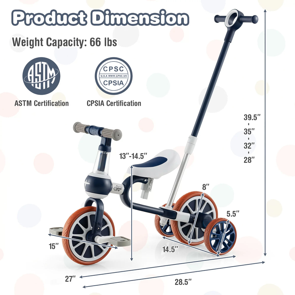 4 in 1 Kids Tricycles with Push Handle & Training Wheels Navy I7461