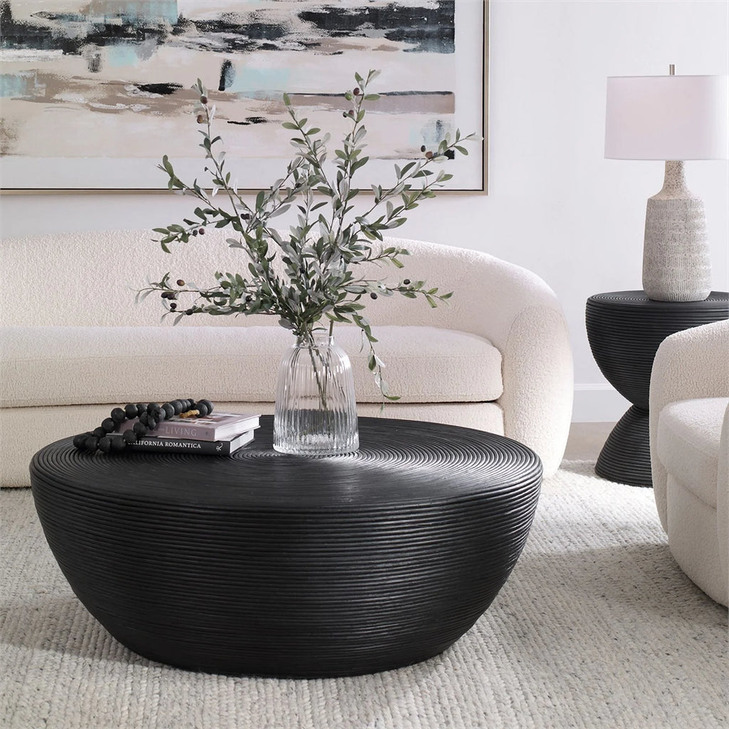 43.75" Round Rattan Coffee Table in Black H664