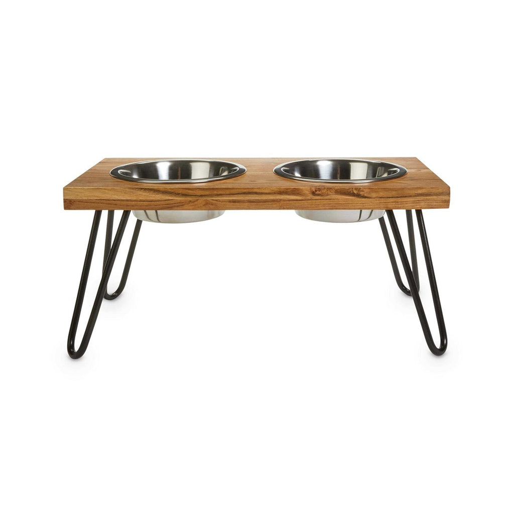 Elevated Wood Double Diner with Stainless-Steel Bowls F59029