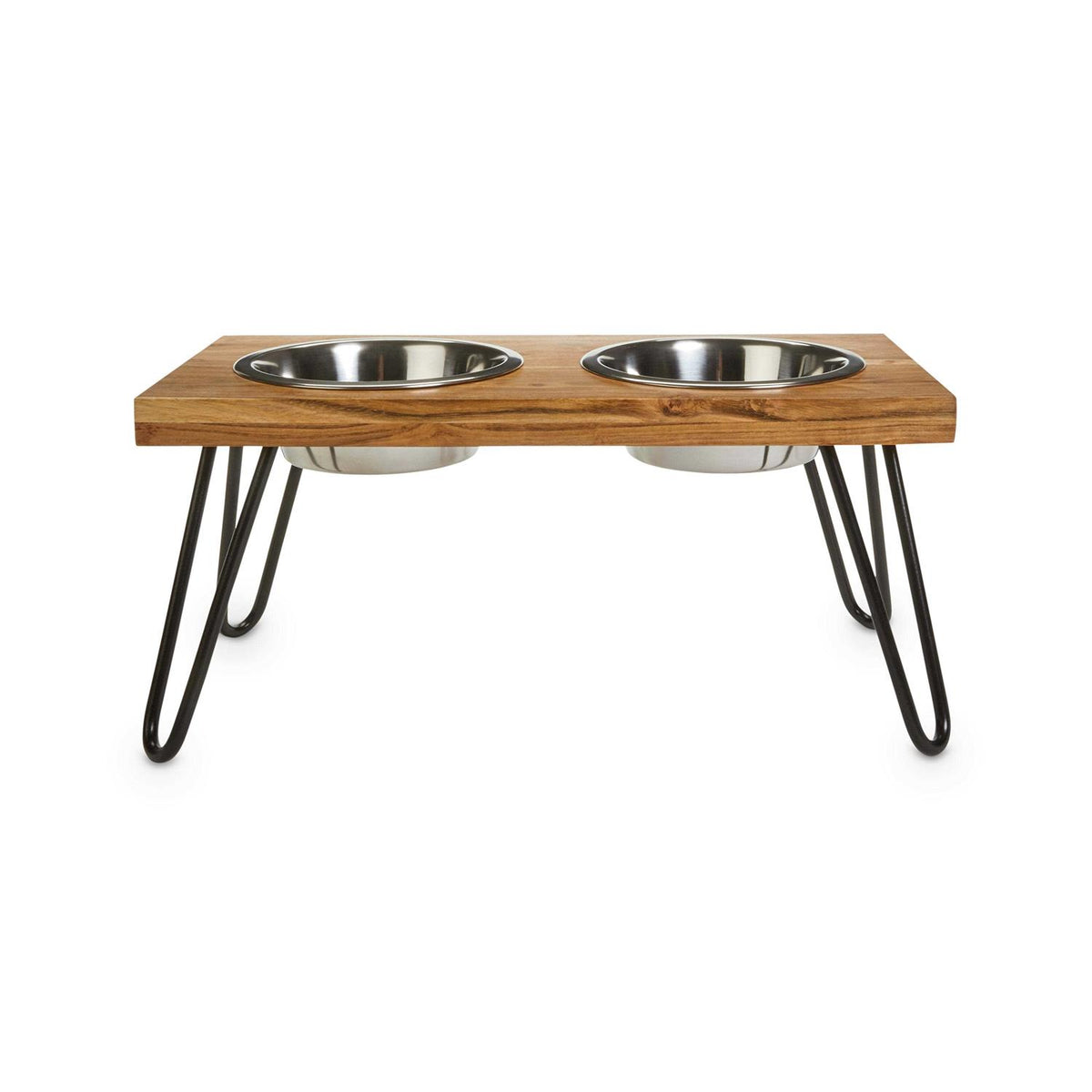 Elevated Wood Double Diner with Stainless-Steel Bowls F59029