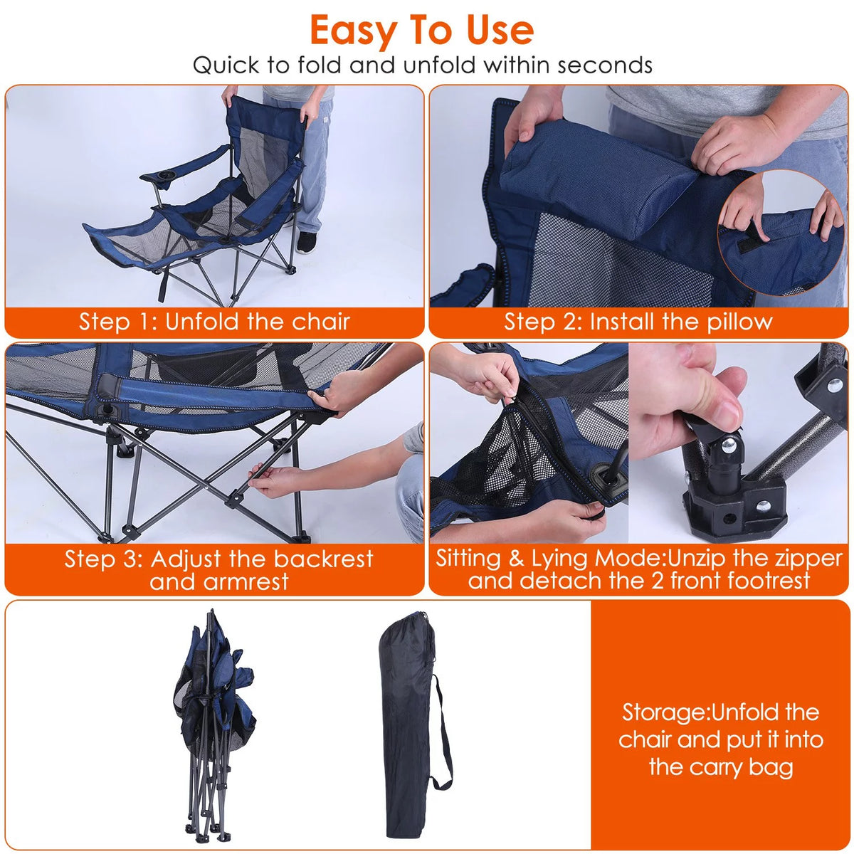 Heavy Duty Steel Reclining Camping Chair with Cup Holder E73252
