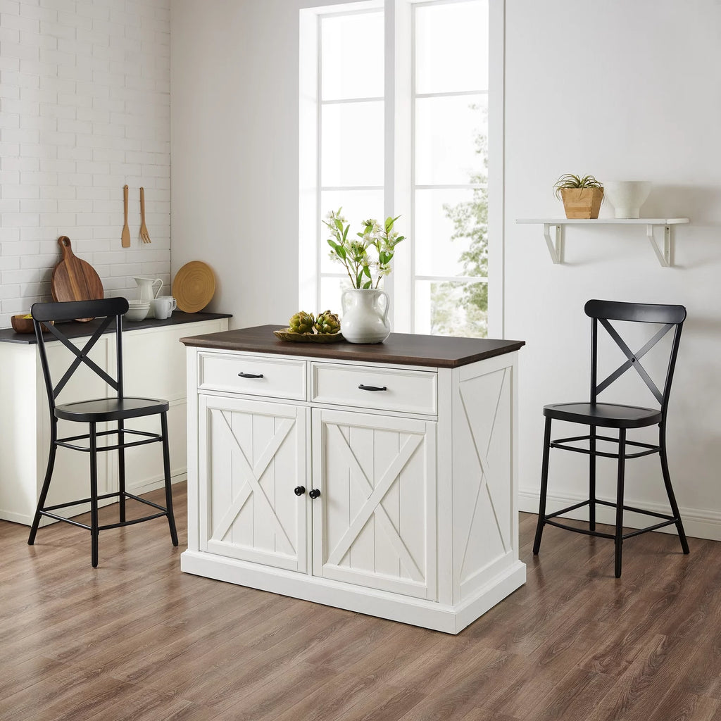 Distressed White/Black Kitchen Island & 2 Stools U476