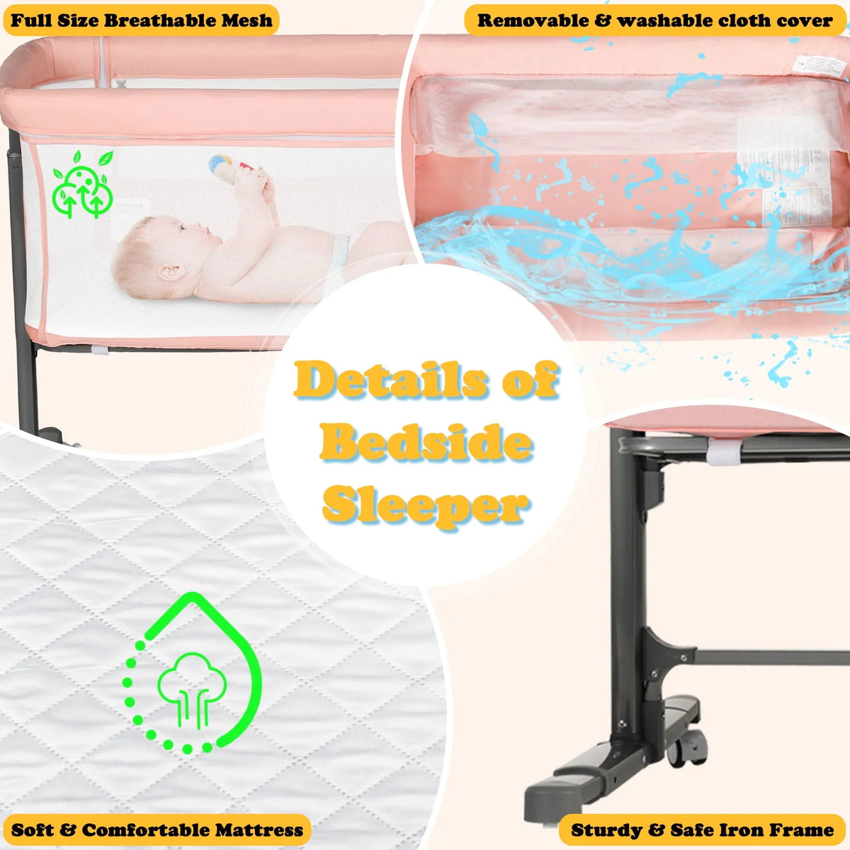 Baby Bassinet with Wheels Adjustable Bedside Sleeper Grey G980485