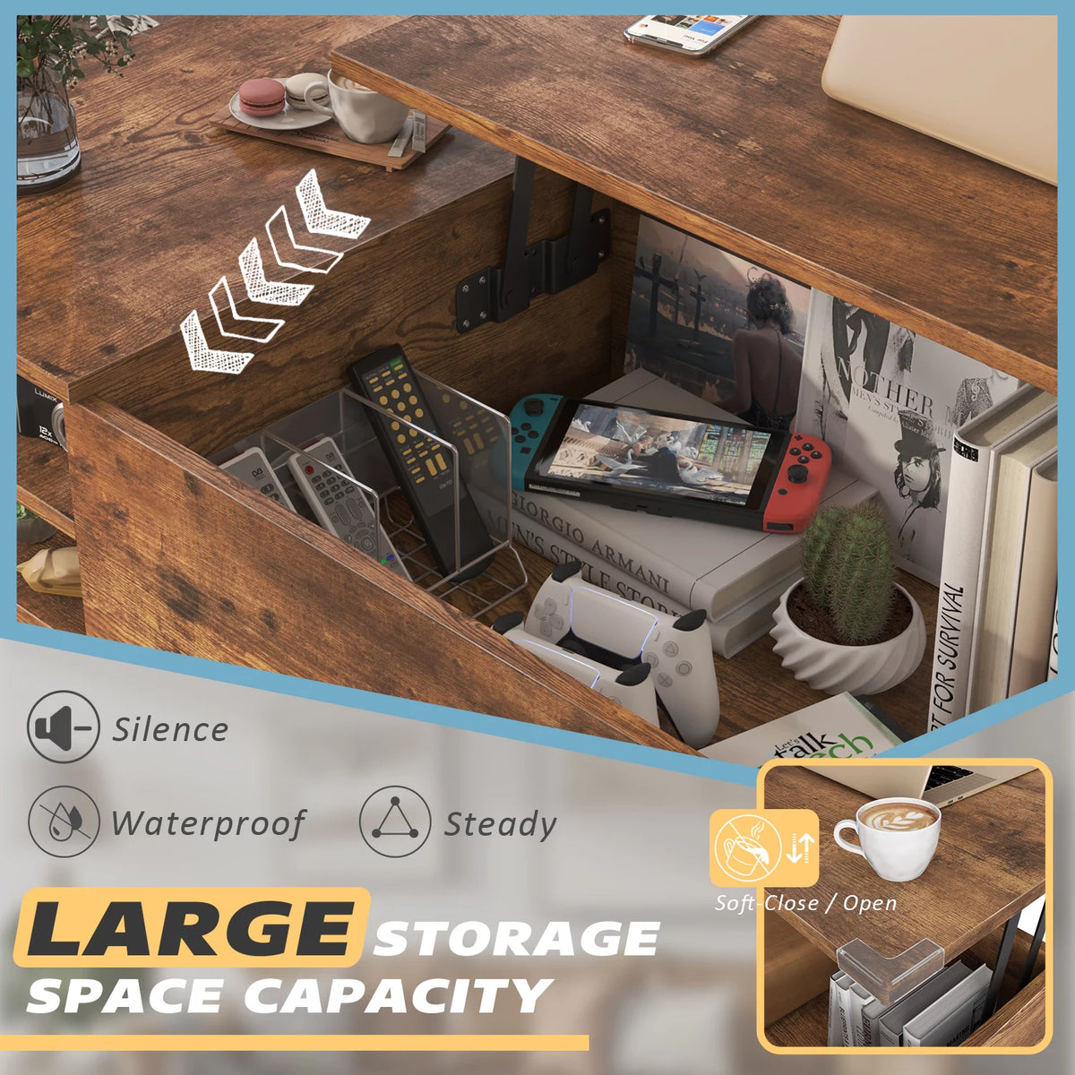 39-Inch Wood Lift Top Coffee Table with Hidden Compartment and Storage Shelf J556388