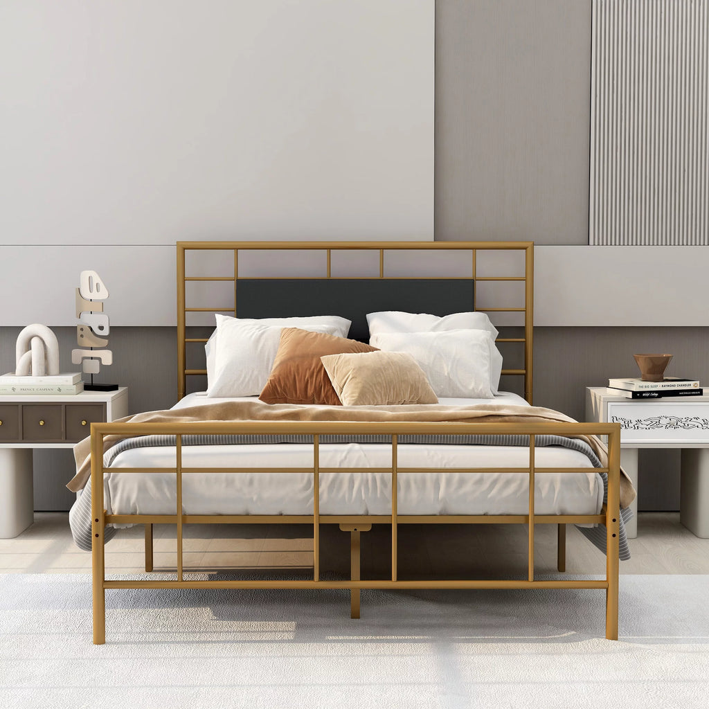 Queen Size Black Metal Platform Bed Frame with Leather Upholstered Headboard O283045