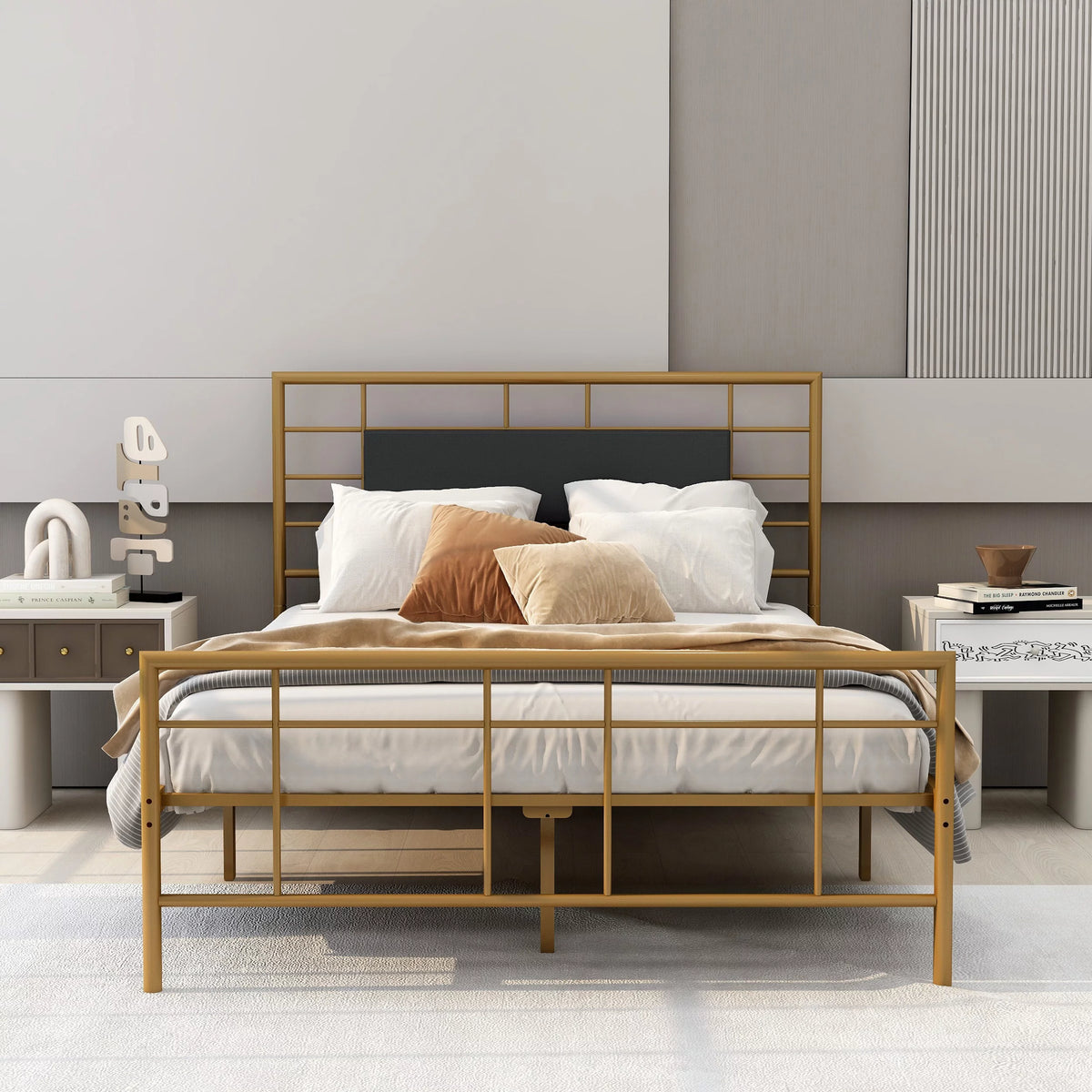 Queen Size Black Metal Platform Bed Frame with Leather Upholstered Headboard O283045