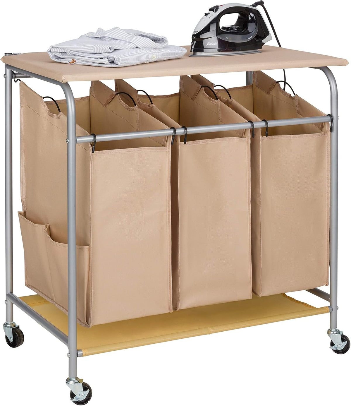 Rolling Laundry Hamper Cart with Ironing Board Top, 3 Section Sorter L536