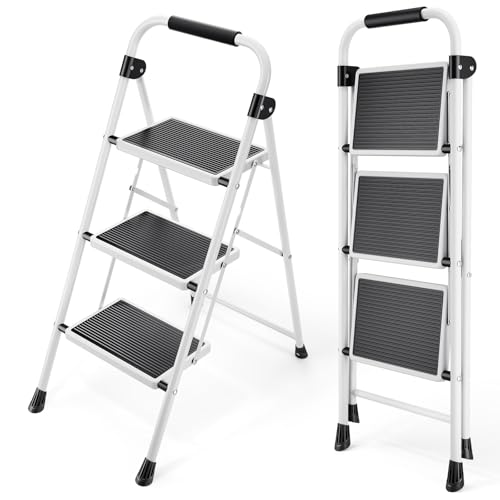 4 Step Folding Steel Step Ladder with Handrails White U4464
