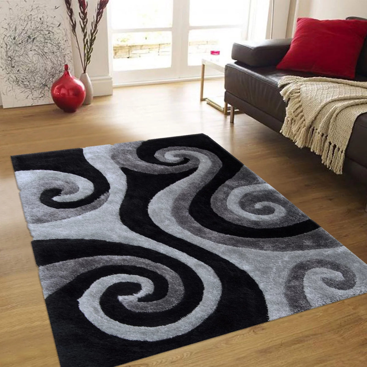 Grey Shaggy Area Rug with 3D Black Spiral Design 5' x 7' W45948