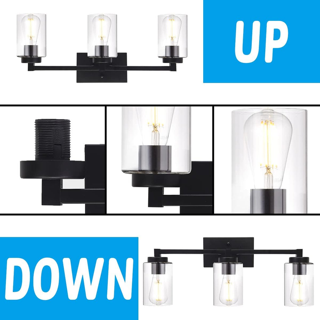3 Light Matte Black Metal Vanity Light with Clear Glass Shade R3837