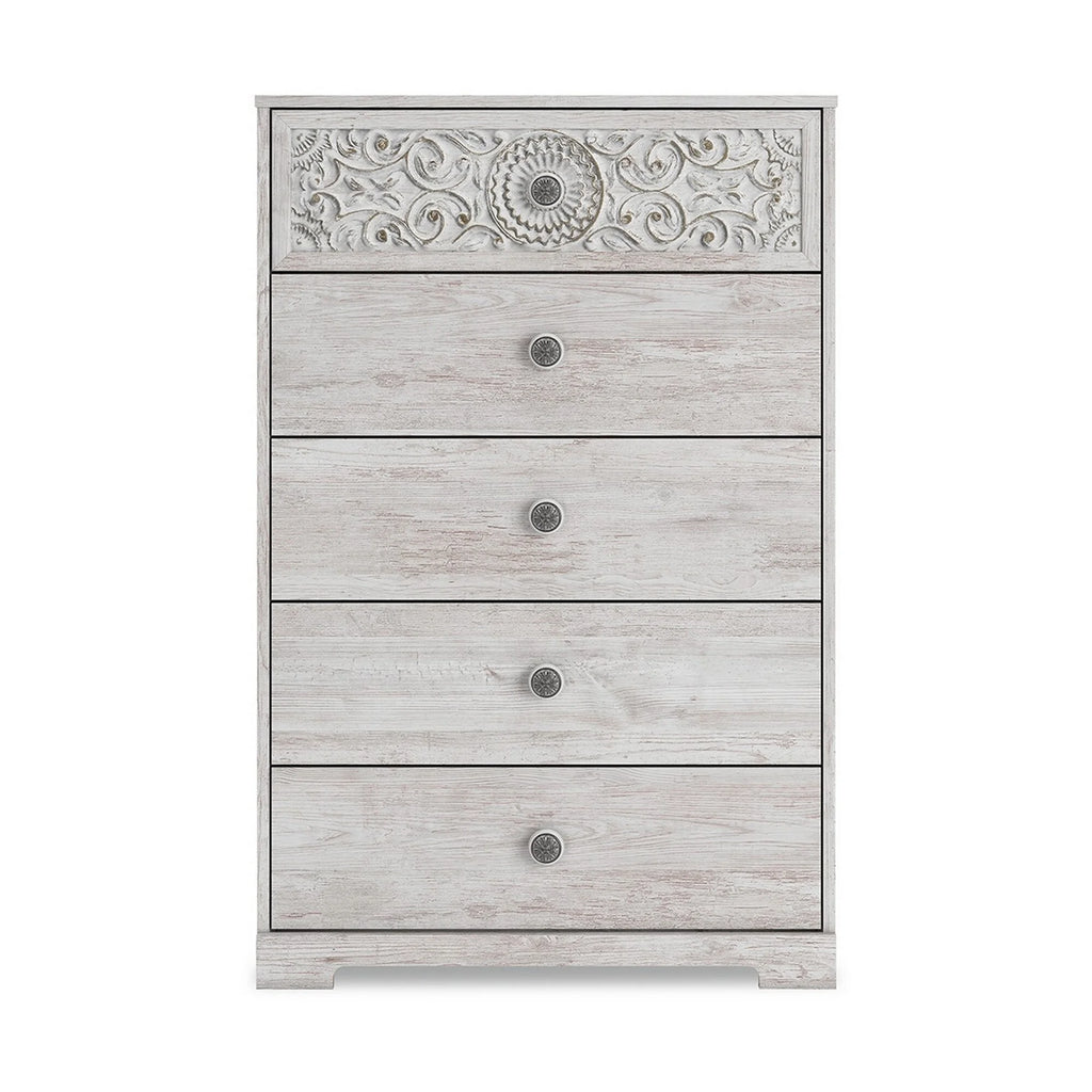 46 Inch 5 Drawer Whitewashed Wood Dresser S8832