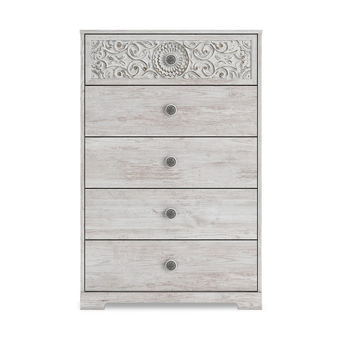 46 Inch 5 Drawer Whitewashed Wood Dresser S8832