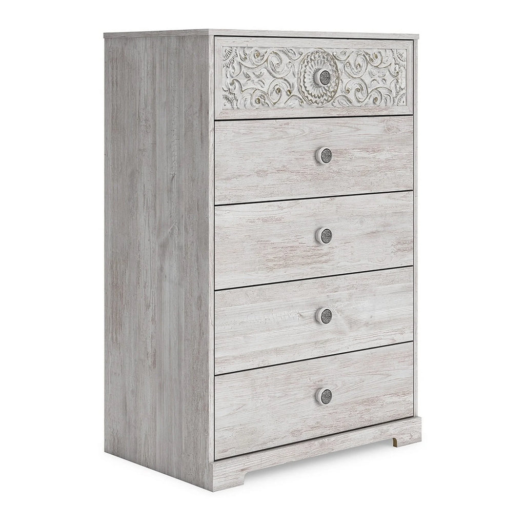 46 Inch 5 Drawer Whitewashed Wood Dresser S8832