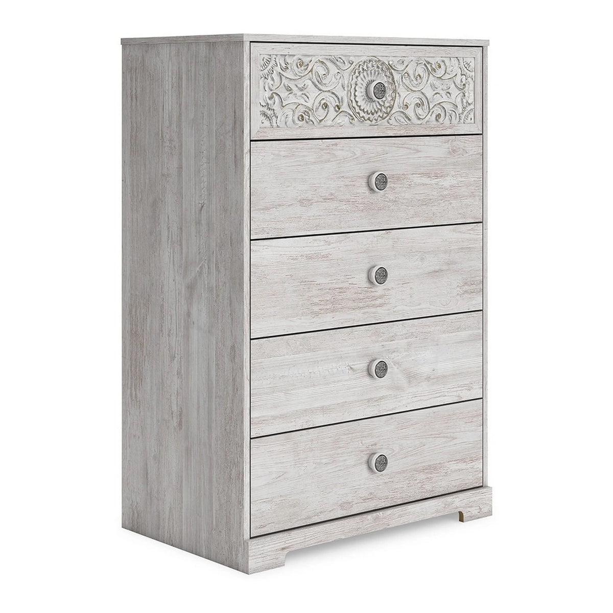 46 Inch 5 Drawer Whitewashed Wood Dresser S8832
