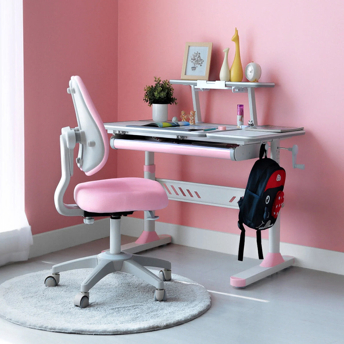 Kids Study Desk and Chair Set Adjustable with Drawer and Bookstand Pink S96106