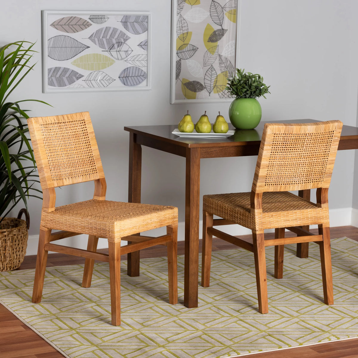 Natural Rattan and Walnut Brown Wood 2-Piece Dining Chair Set F448545
