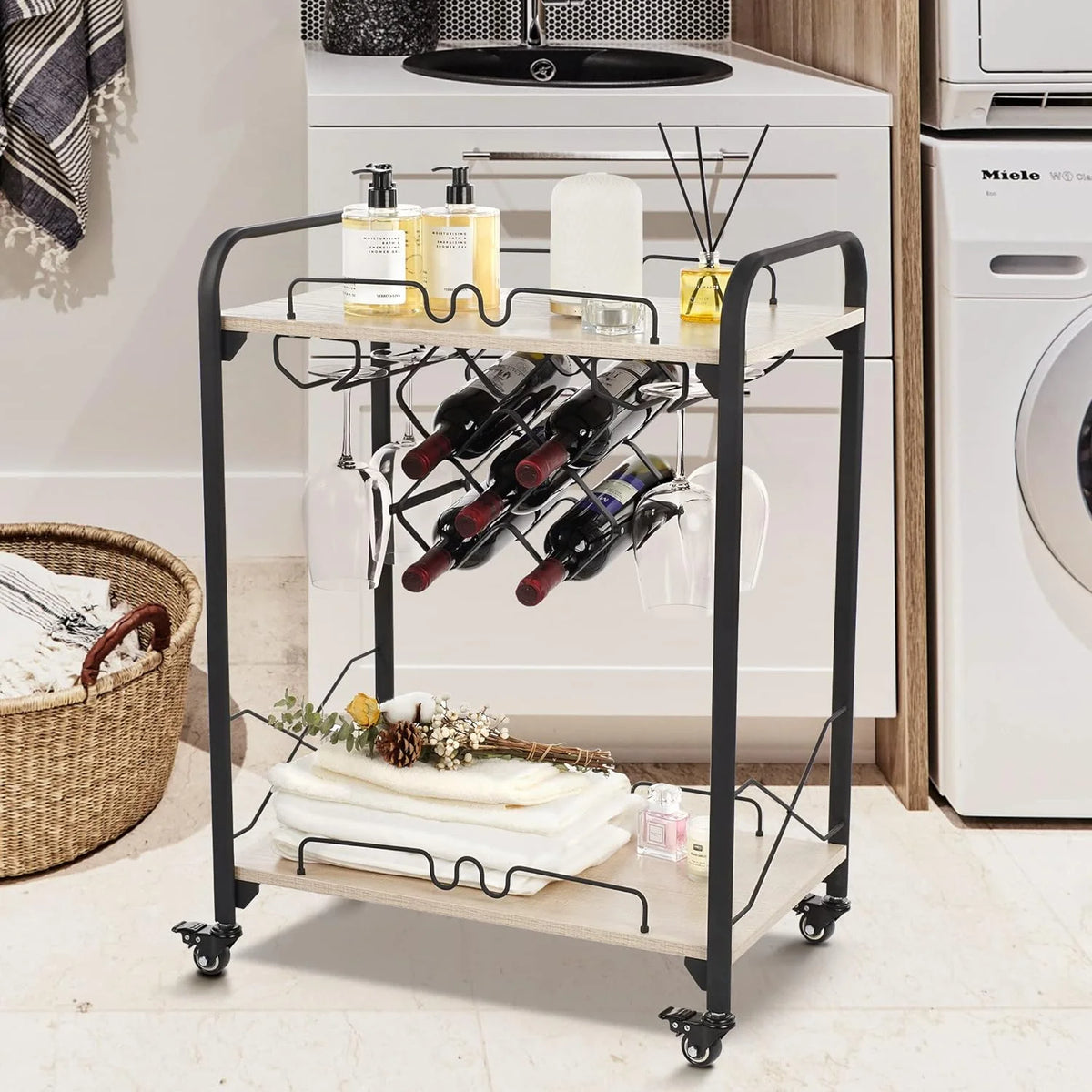 2-Tier Mobile Bar Cart with Wine Racks and Glass Holders D200322
