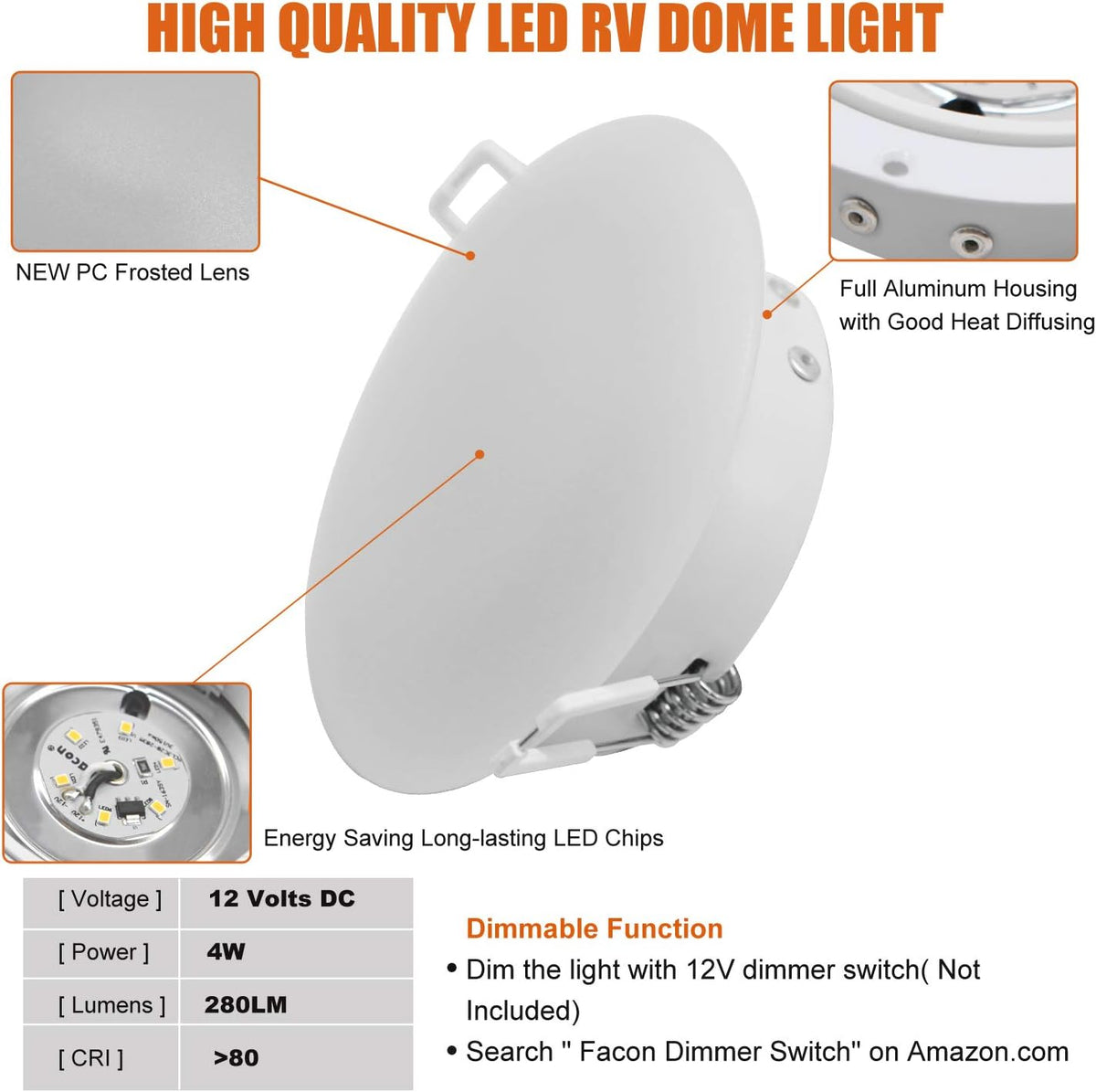4.5Inch LED RV Puck Light Full Aluminum Recessed Mount Down Light 12V Pack of 6 I593