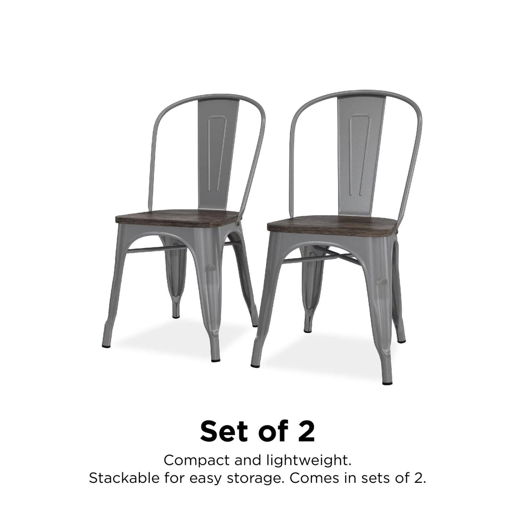 Stackable Metal Dining Chair with Wood Seat, Silver, Set of 2 E87231