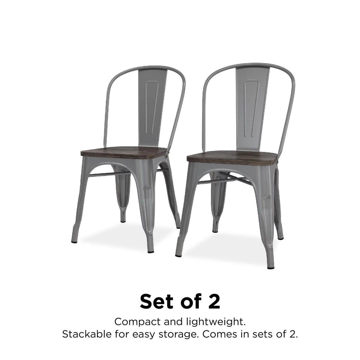 Stackable Metal Dining Chair with Wood Seat, Silver, Set of 2 E87231