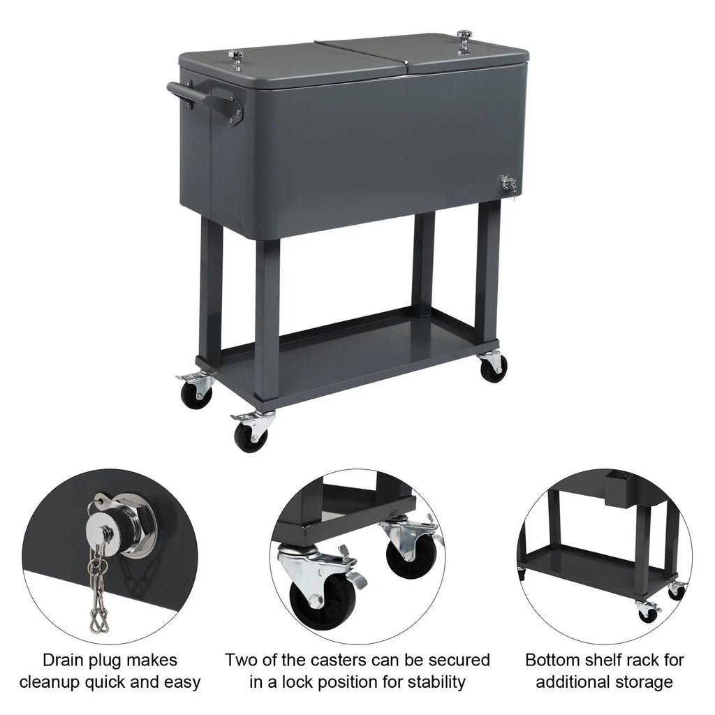 80QT Rolling Cooler Cart with Shelf Gray A230