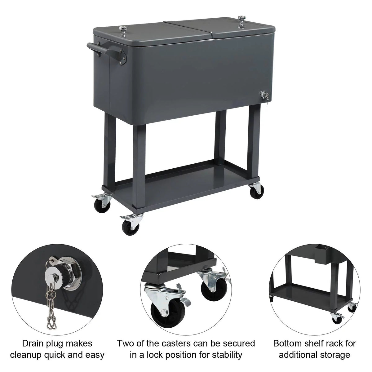 80QT Rolling Cooler Cart with Shelf Gray A230