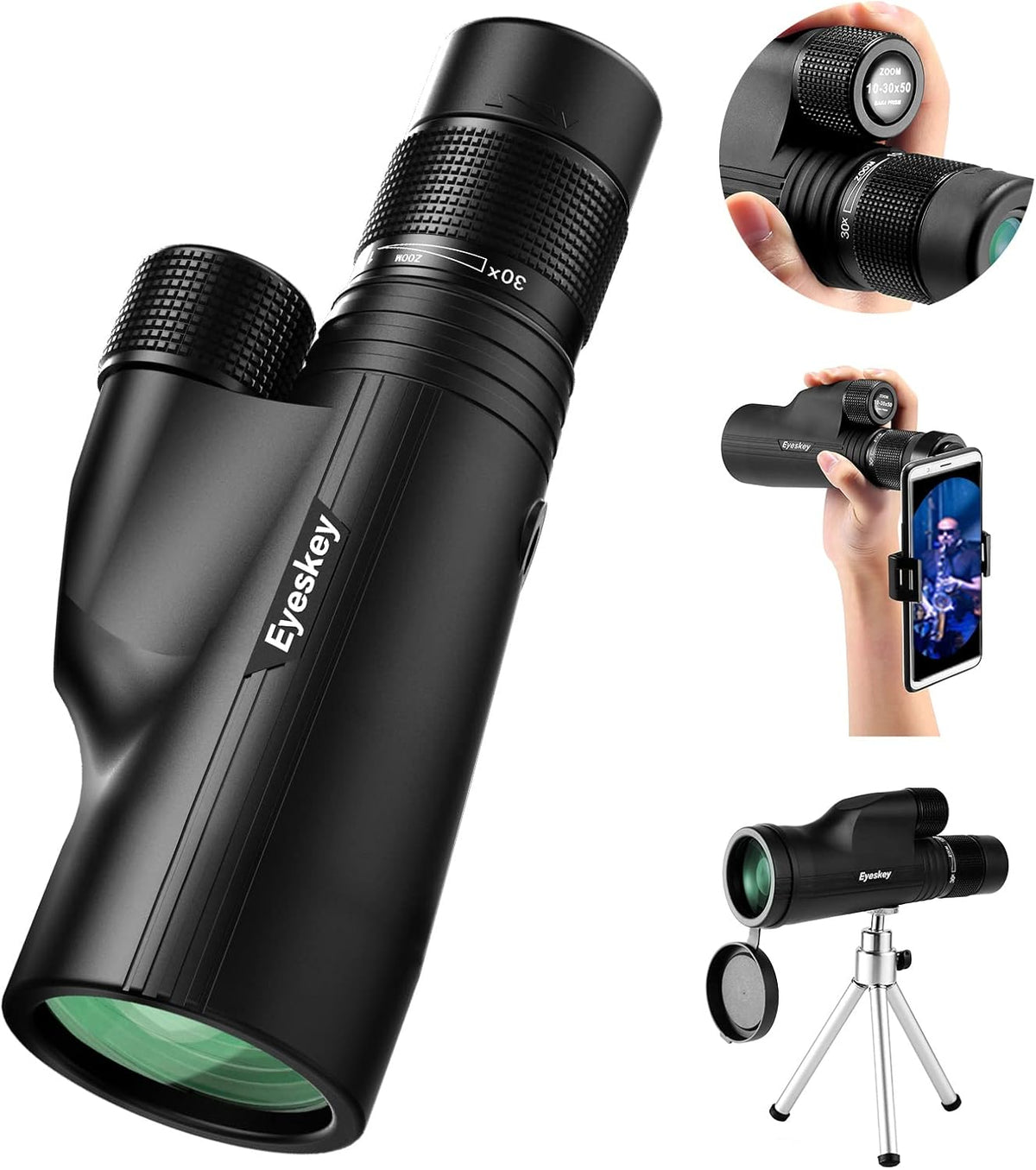 10-30X50 HD BAK4 Prism Monocular Telescope with Smartphone Adapter & Tripod C36776