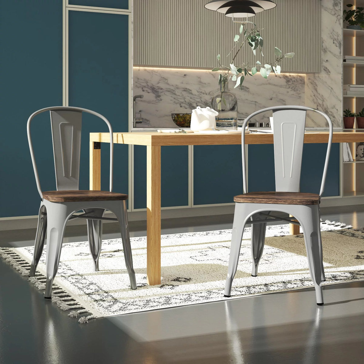 Stackable Metal Dining Chair with Wood Seat, Silver, Set of 2 E87231