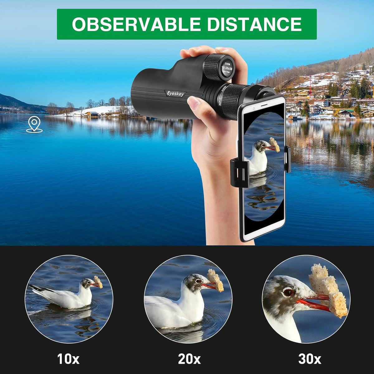 10-30X50 HD BAK4 Prism Monocular Telescope with Smartphone Adapter & Tripod C36776