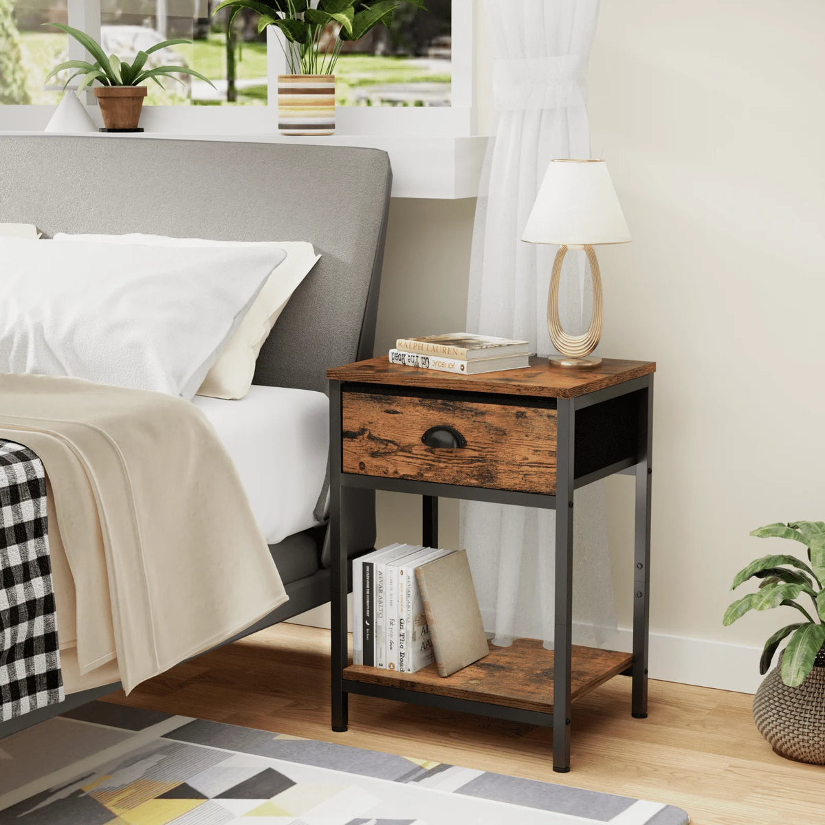 Set of 2 Nightstands with Fabric Drawer & Storage Shelf P52997