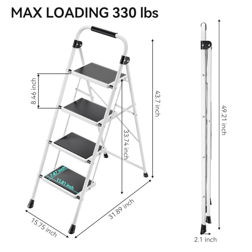 4 Step Folding Steel Step Ladder with Handrails White U4464