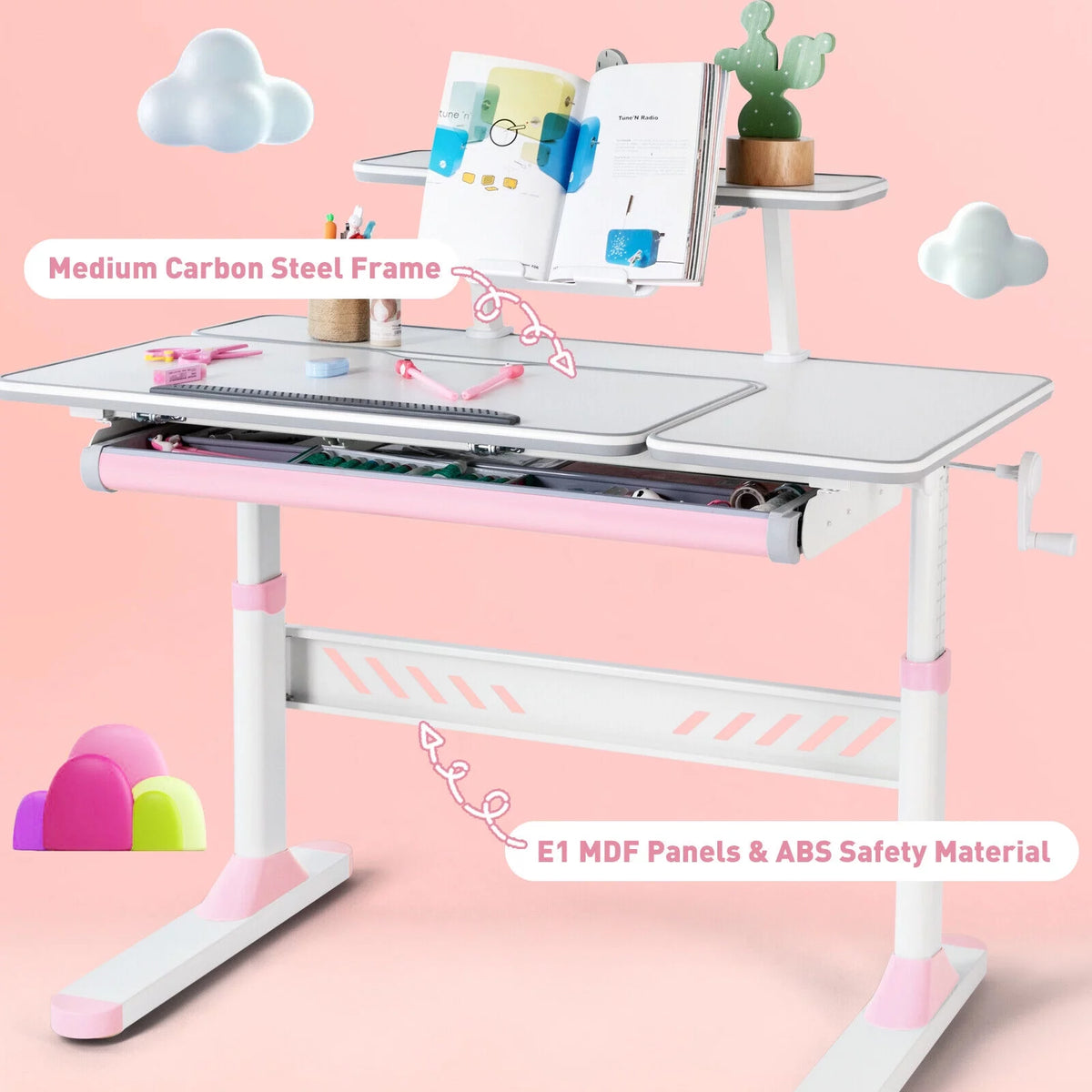 Kids Study Desk and Chair Set Adjustable with Drawer and Bookstand Pink S96106