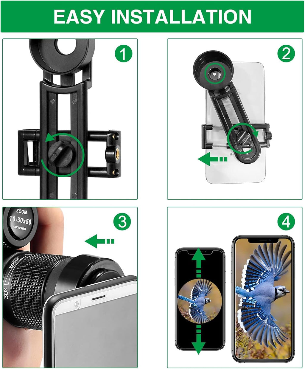 10-30X50 HD BAK4 Prism Monocular Telescope with Smartphone Adapter & Tripod C36776