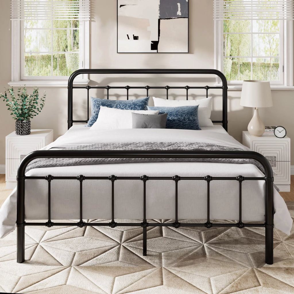 Queen Size Black Metal Platform Bed Frame with Headboard and Footboard F6347